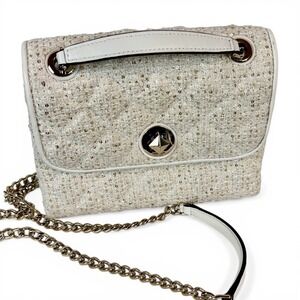 Kate Spade Natalia Tweed Sequin Quilted Shoulder Bag Cream Gold Turnlock Medium